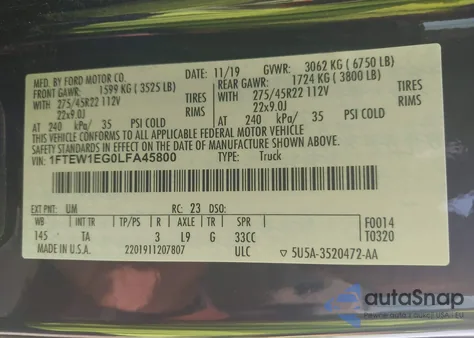 2020 Ford F-150 Limited z USA, uszkodzony, nr VIN 1FTEW1EG0LFA45800